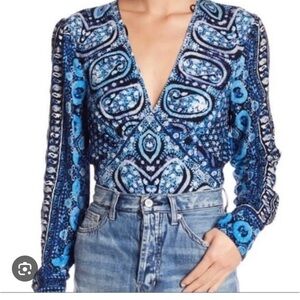 Free People Blue Patterned V-Neck Blouse